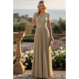 Clearance Champagne Size L Mother Of The Bride Short Sleeve Gown By Lenovia 8139